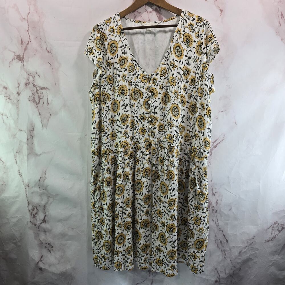 Garnet Hill Dress Womens XL Yellow White Black Floral Button Mini Pleated V Neck